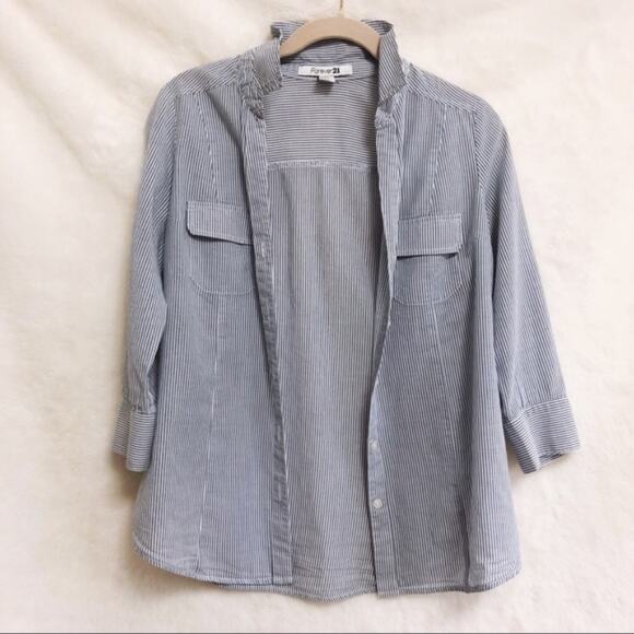 Forever 21 Blue & White Striped Button Shirt - Picture 2 of 8